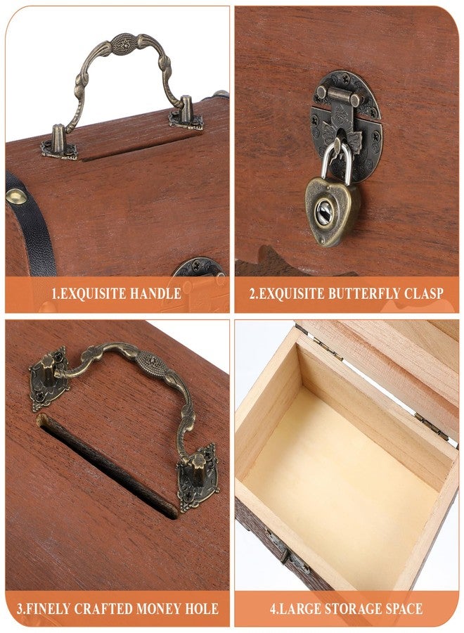 HEALEEP Piggy Bank for Adults:Vintage Wooden Pirate Treasure Chest Piggy Bank with Lock, for Coins, Jewelry & Classroom Fun(5.7X4.13X3.93) - Image 3